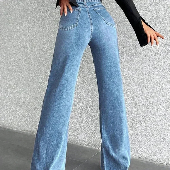Blue Women's High Waist Wide Leg Jeans - Picture 3 of 5